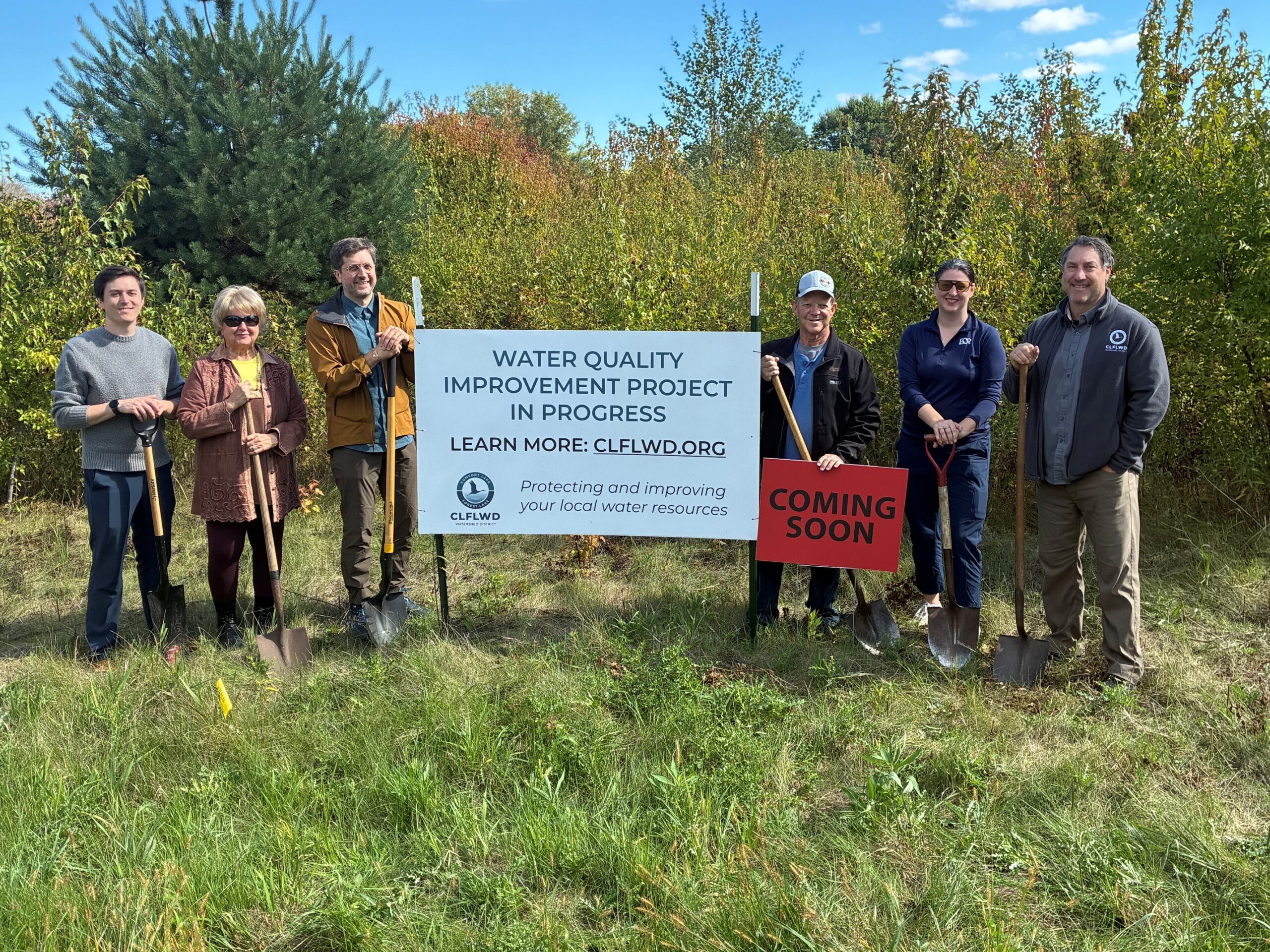 Pictured…left to right:
Grant MacFarlane; City of Wyoming, Wyoming Assistant City Administrator
Jackie Anderson; Comfort Lake-Forest Lake Watershed District, Board President
Erik Megow; EOR, Senior Water Resources Engineer
Mike Crepeau; Comfort Lakes Association, President
Anne Wilkinson; EOR, Limnologist & Water Resources Engineer
Blayne Eineichner; Comfort Lake-Forest Lake Watershed District, Project Coordinator